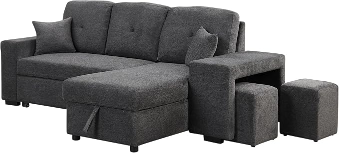 Flieks Reversible Sleeper Sectional Sofa Bed with Side Shelf and 2 StoolsPull-Out L-Shaped Sofa BedCorner Sofa-Bed with Storage Chaise Left/Right Hande for Living RoomBlue Black