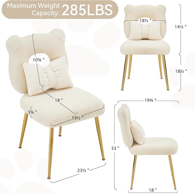 Furniliving Armless Upholstered Chair for Makeup Vanity Cute Sherpa Accent Chair for Living Room Bedroom Dressing Room Vanity Stool Chair with Back Gold Legs IvoryWhite