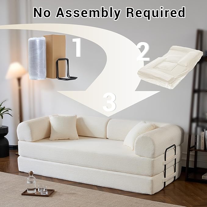 Compressed Sofa Convertible Sofa Bed Corduroy Compression Boneless Couch with Pillow Comfy Modular Foldable Floor Sleeper Sofa for Bedroom Living Room Lounge Studio (White)