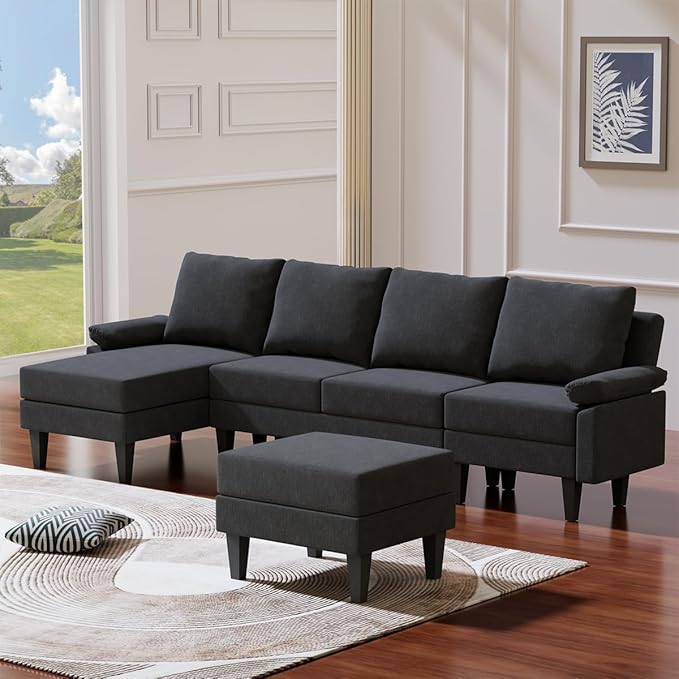 115 Inch Modular Sectional Sofa with Storage Ottoman Modern L-Shaped Sectional Couch with Chaise Chenille Couch for Living Room Apartment or Small Spaces Black