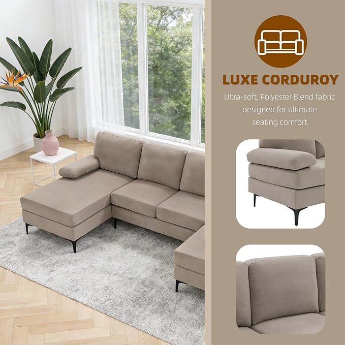 106 U-Shape Sectional Couches with Double Chaise Upholstered Sofa with Polyester Blend Fabric Modern 4 Seat Modular Sofa with Sturdy Metal Legs for Living Room Apartment Khaki