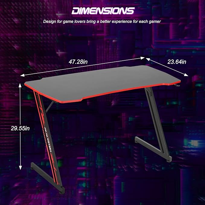 BestOffice Gmaing Desk Z Shaped 47 inch PC Computer Desk Computer Workstation Ergonomic Gaming Table with Headphone Hook for Game Players Red