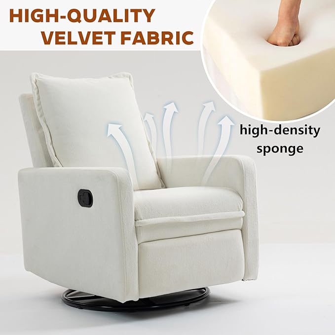 White Swivel Nursery Rocking Chair Manual Glider Recliner with High Backrest for Adults Upholstered Nursery Recliners Chair with Footrest Pedal for Small Spaces Living Room Bedroom (White)
