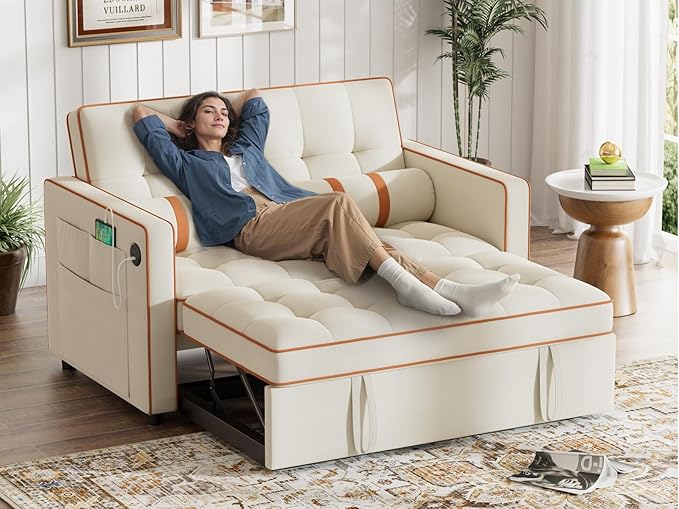Marsail 3-in-1 Convertible Futon Sleeper Sofa Bed Pull Out Couch with Adjustable Backrest USB Charging &amp Side Pockets Velvet Fabric Sofa Loveseat for Living Room Apartment Ivory White