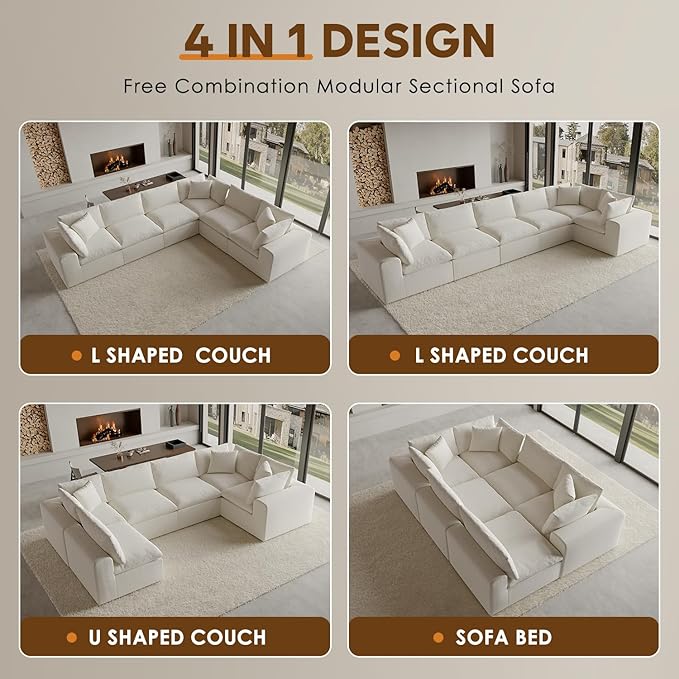 130 Oversized Boneless Cloud Couch Modular Sectional Couches for Living Room U-Shaped with Deep Seats No Assembly Required 6-Seater Washable Fabric Sleeper Sofa White