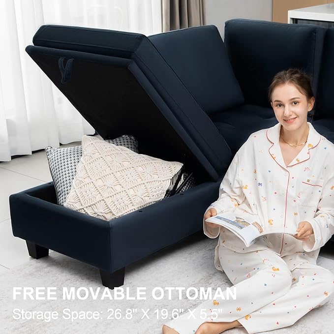 Belffin Velvet Reversible Sectional Sofa with Chaise Convertible L Shaped 4-seat Sectional Couch with Storage Ottoman Blue