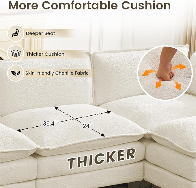 ROWHY Oversized Modular Sectional Couch with 2 Movable Ottoman 148 Modern Convertible U Shaped Sofa Set 4 Seat Comfy Cloud Couch with 2 Throw Pillows for Living Room and Office Chenille Beige