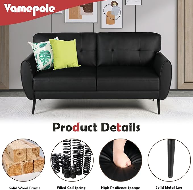 60 Loveseat Sofa for Living Room Mid Century Mini Black Couch Tufted Leather Love Seat Furniture Comfy Office 2 Seat Small Couches for Small Spaces Bedroom Apartment