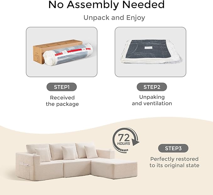 WELAX 104 Modular Sectional Couches for Living Room Boneless Couch L-Shape with Cup Holders &amp Pillows Modern Corduroy Cloud Sofa 4 Seater Home Comfy Sofas for Bedroom Beige