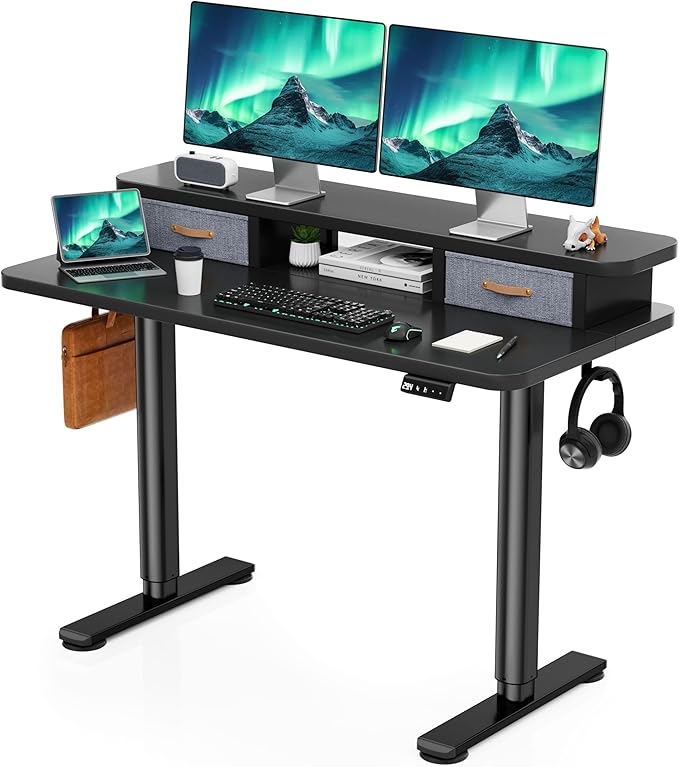 Flycity Electric Standing Desk with Dual Drawers 48 x 24 Height Adjustable Desk Sit Stand Desk with Memory Controller Casters &amp 2 Hooks Low Noise Home Office Desk Black