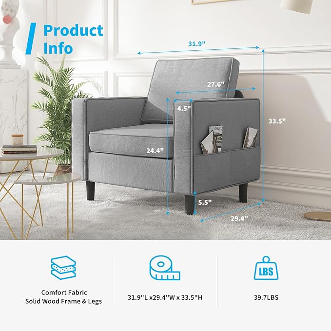 Mjkone Armchair Sofa Chair with Storage Pockets Modern Velvet Single Sofa Chairs Comfortable Small Space Reading Chair for Living Room/Apartment/Bedroom - Light Grey