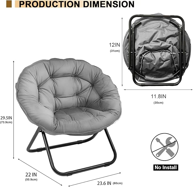 Folding Saucer Chair Lazy Moon Chair with Metal Frame Comfy Bedroom Chairs for Bedroom Living Room Study Grey JC