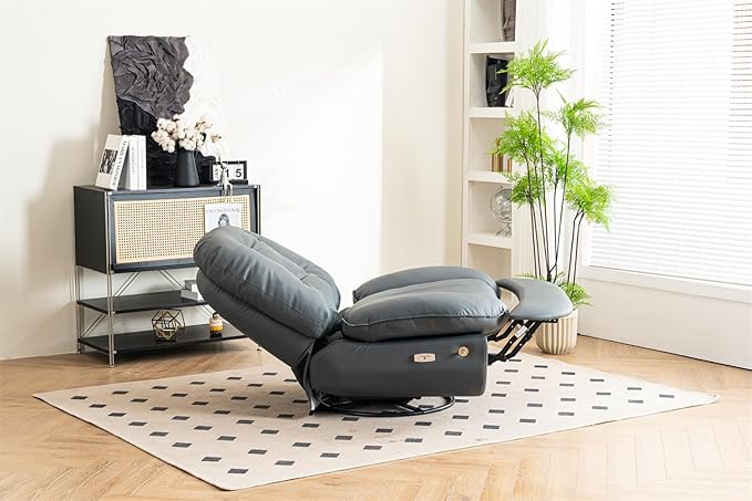 Power Recliner Sofa Chair 270 Degree Swivel Leisure Single Sofa with Button Control Wireless Speaker USB Ports Hidden Arm Storage and Phone Holder for Living Room Bedroom Grey PU (Without LED)