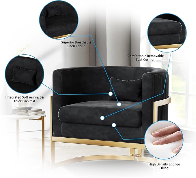 Alunaune Upholstered Velvet Accent Chair Barrel Chair Modern Armchair Living Room Lounge Chairs Sofa Tub Bucket Club Chairs for Bedroom-Black