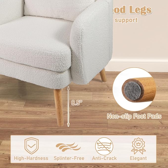 KOMFOTT Sherpa Accent Chair Upholstered Armchair with Seat Cushion Lumbar Pillow &amp Rubber Wood Legs Modern Single Sofa Chair Reading Chair for Living Room Bedroom Office Small Spaces White