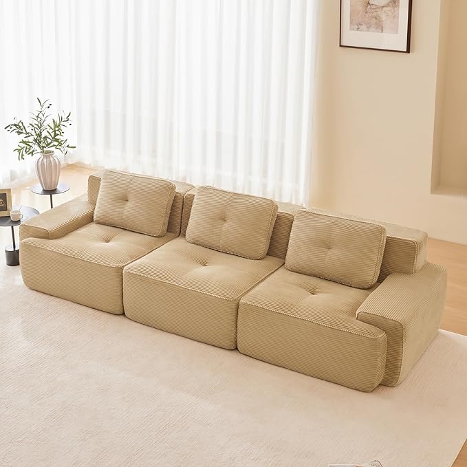 117 Modern Corduroy Cloud Sofa Boneless Modular Large Sectional Couches for Living Room Camel 3 Seater Compressed Memory Foam Couch Extra Deep Seat No Assembly