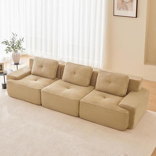 117 Modern Corduroy Cloud Sofa Boneless Modular Large Sectional Couches for Living Room Camel 3 Seater Compressed Memory Foam Couch Extra Deep Seat No Assembly