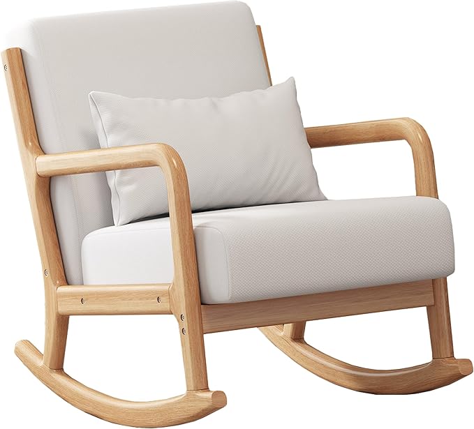 Solid Wood Reclining Accent Chair Mid-Century Modern Lounge Armchairs Fabric Upholstered Soft Comfy Living Room Chairs with Armrest Waist Pillow for Office Reading Waiting Room (Off-White)