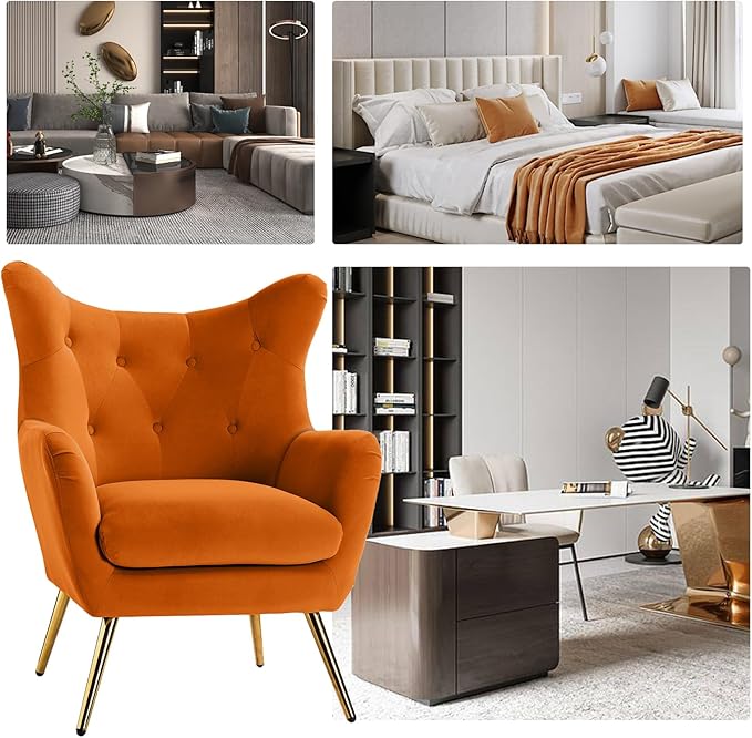 HULALA HOME Velvet Accent Chair Set of 2 Modern Wingback Arm Chair with Metal Gold Legs Velvet Tufted Upholstered(Orange)