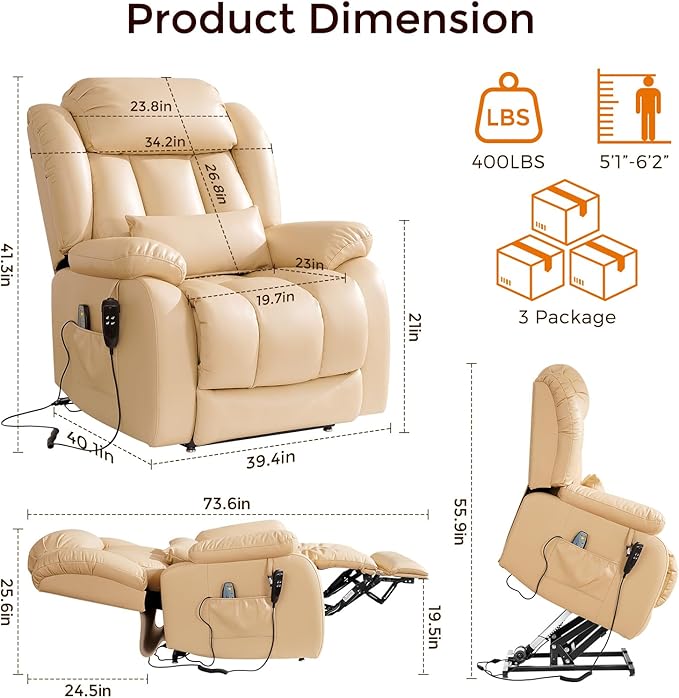 Power Lift Recliner Chair with 8-Point Massage &amp Heat Dual Remote USB/Type-C Ports Easy-Clean Leather Width 19.7 (Leather Beige)