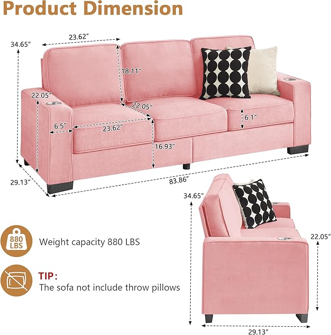 Aoowow 83.86” Modern 3-Seater Sofa Couch Upholstered Snowfleece Fabric Couches Comfy Sofas with 2 Cup Holders for Living Room Apartment OfficePink-Velvet