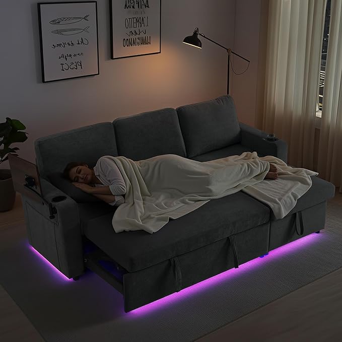 LED Sectional Sleeper Sofa with Pull Out Bed Convertible L Shaped Sofa with Storage Chaise Lounge Retractable Table USB Cup Holders Comfy 3-Seater Sleeper Couch for Living Room (Grey)