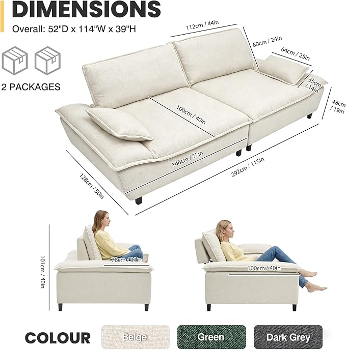 114” Oversized Sectional Sofa – Sailboat Cloud Couch with Adjustable Backrest Extra Deep &amp Wide Seats Modern Sleeper Sofa for Living Room (Natural Beige 114-inch)