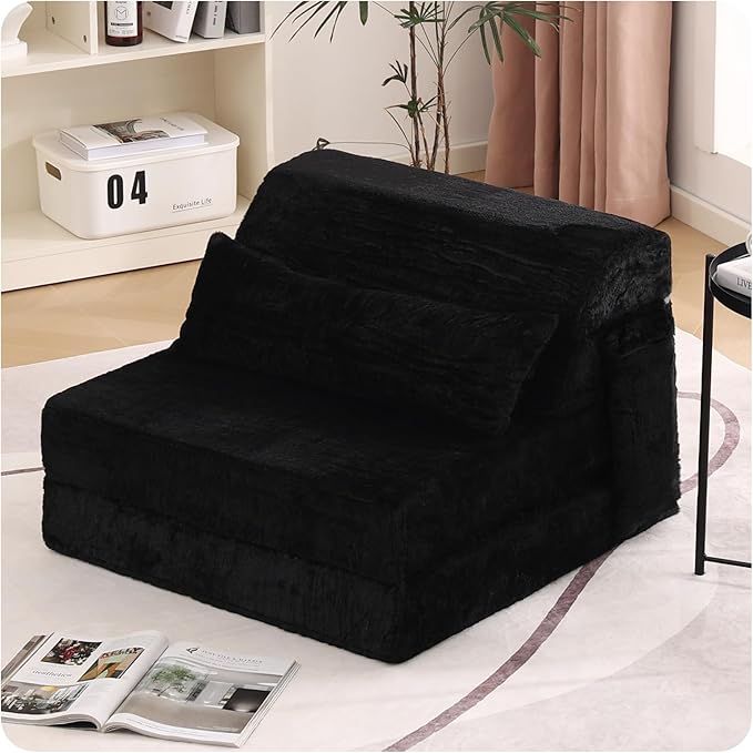 Tiita Convertible Folding Sofa Bed Single Size for Adults with Pillow Plush Fabric Floor Mattress Couch Bed Washable Cover &amp Side Pocket Guest Room Dorm Apartment Living Room Black