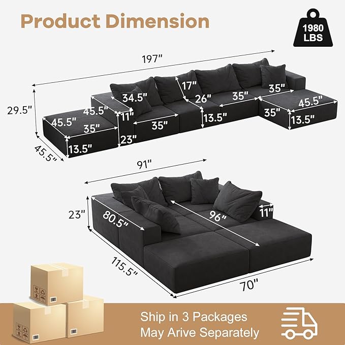 197” Modular L-Shaped Sectional Sofa Cloud Chenille Couch with 6 Pillows No-Assembly Customizable Sofa for Living Room &amp Bedroom Gray