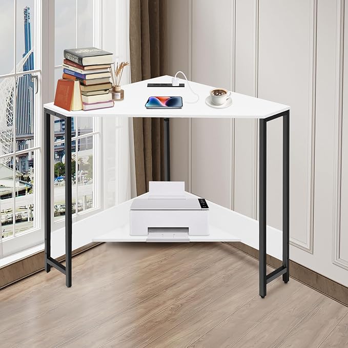 Corner Computer Desk L Shaped Desk with Outlets and USB Ports 90 Degree Triangle Corner Table Compact Home Office Triangle Table for Home Office Bedroom (White)
