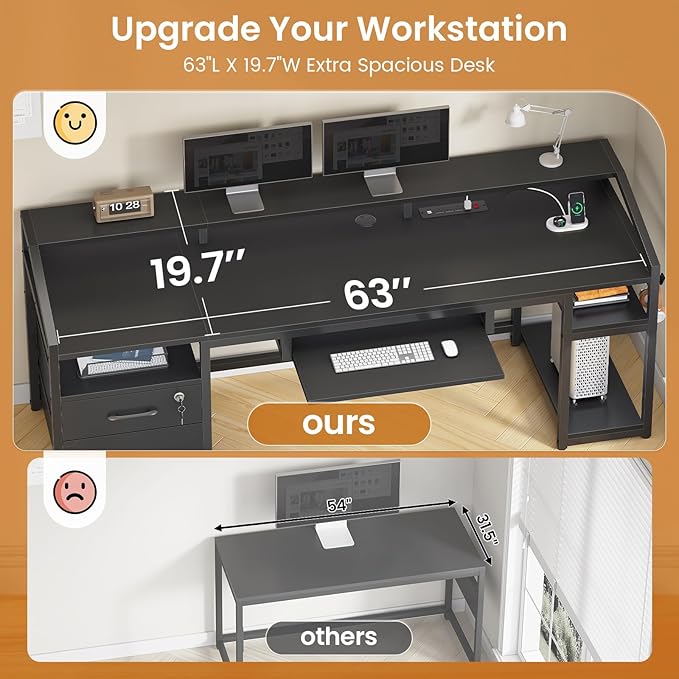 SEDETA 63 Computer Desk Office Desk with Lockable Drawers for Legal/Letter File Gaming Desk with LED Lights &amp Power Outlet Home Office Desks with Storage Black