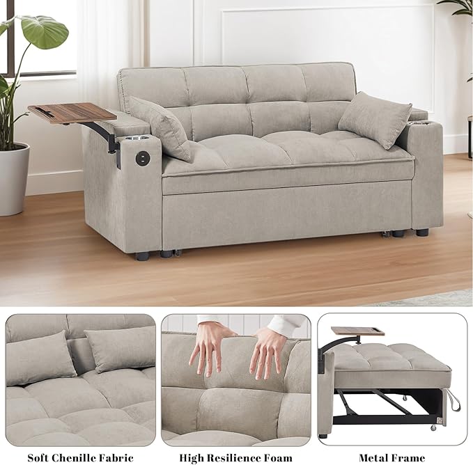 Rovibek 3 in 1 Sofa Bed 65 Inch Convertible Pull Out Couch with USB and Type-C Ports Loveseat Sleeper Bed with Small Table 3 Level Adjustable Backrest for Living Room Khaki