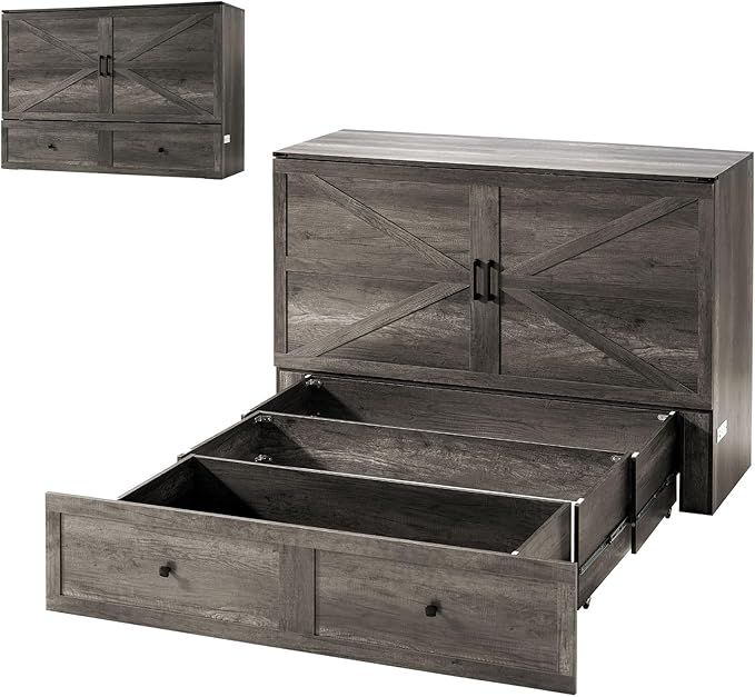 AMERLIFE Queen Murphy Bed with Storage &amp Charging Station Farmhouse Murphy Cabinet with Foldable Panel Noisy Free for Living Room Guest Bedroom Office Rustic Grey