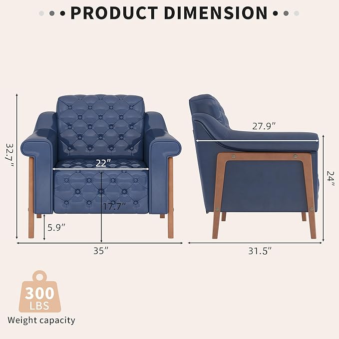 EJUNQ Cozy Accent ChairPU Leather Modern Living Room ChairsMid-Century Office Reading ChairSingle SofaArmchair for Bedroom Apartment Waiting Room(Dark Blue)