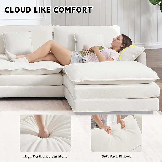 GNIXUU 76.7 White L Shaped Comfy Chenille Modular Cloud Sofa Modern 2 Seater Couch with Movable Ottoman Deep Seat Sofa with 4 Pillows for Living Room Apartment Small Places