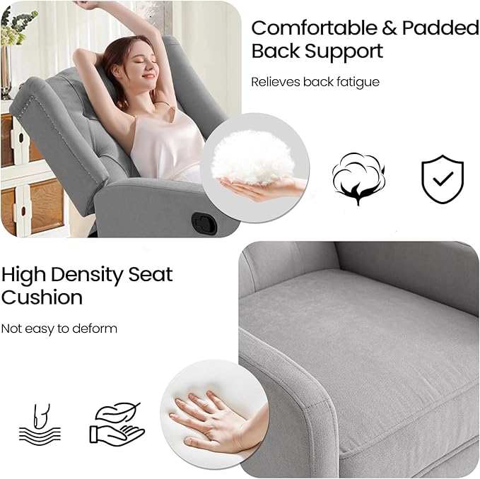 360 Swivel Rocker Recliner Chair for Adults Nursery Chair for Small Spaces Living Room Upholstered Fabric Glider Recliner Grey