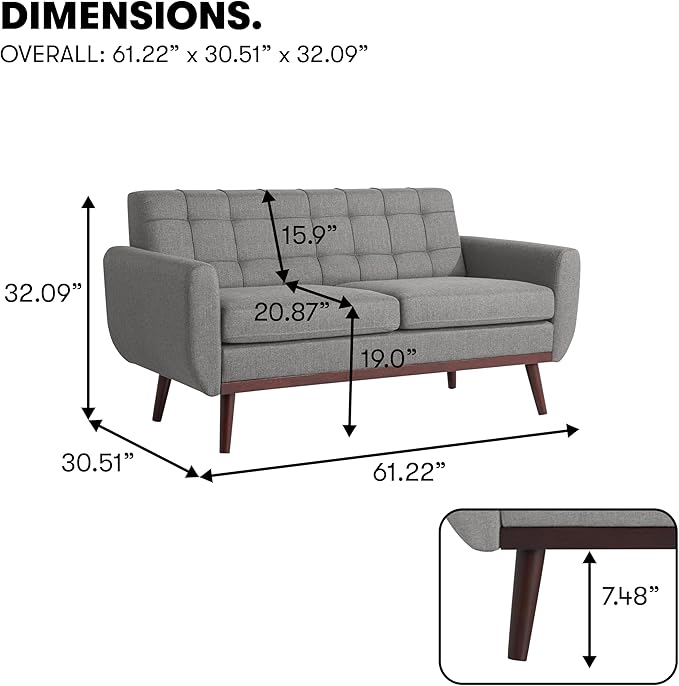 Serta® David 61.2 Modern Sofa Tufted Back Cushion Rounded Arms Solid Wood Legs Dream Coil® Comfort Woven Polyester Fabric Gray