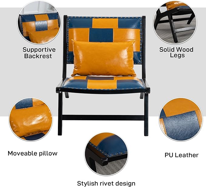 Accent Chair Modern Comfy Genuine Leather Armless Mid-Century Anthropologie Accent Chairs Lounge Arm Chair with Solid Wood Floral Pattern Sofa Chair for Living Room/Office/Balcony/Bedroom
