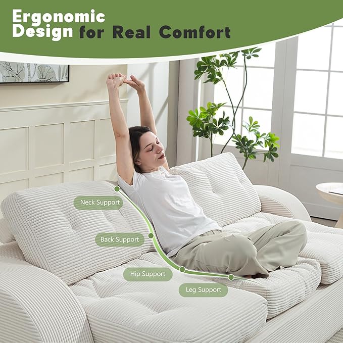 MeMoreCool Cloud Couch Boneless 3-Seater Sofa Bed – Beige Corduroy Convertible Floor Couch with Tufted Cushion No Assembly Foldable Sleeper for Living Room Apartment and Small Spaces