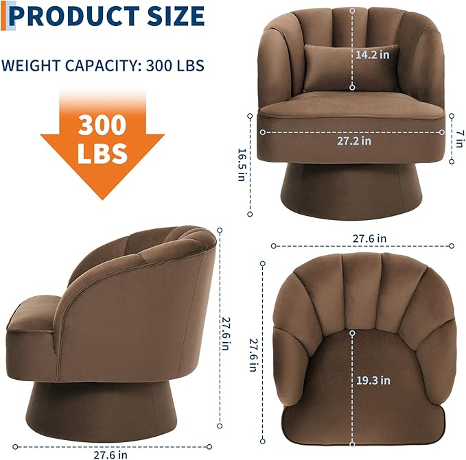 Mid Century Modern Swivel Barrel Chair - 360° Swivel Accent Chair with Plush Velvet Upholstery &amp Wide Cushioned Seat Round Lounge Sofa Chair for Living Room Bedroom Office (Brown 2 PCS)