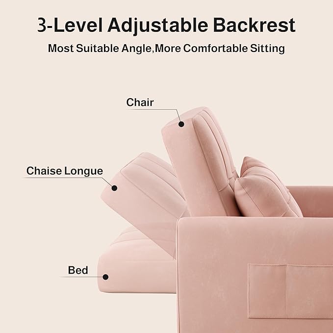 Ahomly Convertible Sleeper Chair Sofa Bed with 3-in-1 Design Adjustable Backrest and Storage Pocket for Living Room Pink
