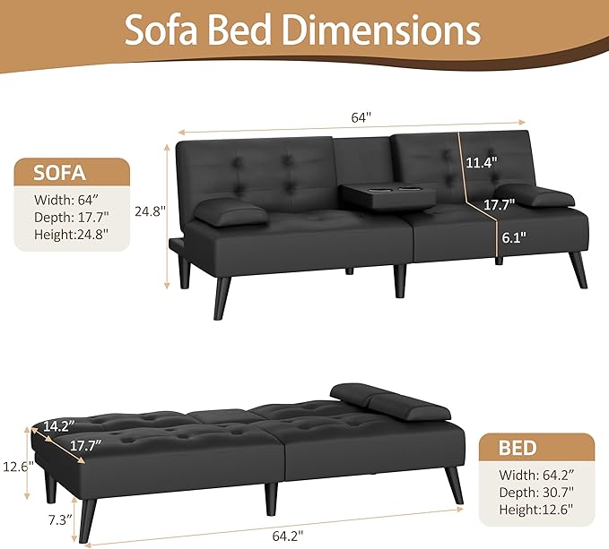 JAMFLY Futon Sofa Bed 64 Small Futon Couch with Adjustable Backrest 3-Angle Recliner Detachable Armrests with Cup Holders for Small Spaces Living Room Apartment Study Room (Black Leather)