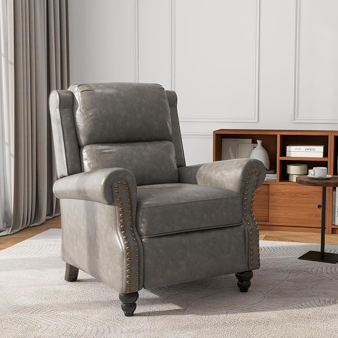 UIXE PU Leather Pushback Recliner Chairs Set of 2 Overstuffed Armchair Push Back Accent Chair for Living Room Rivet Trim Club Chair Home Theater Single Sofa Bedroom Side Reading Seat - Gray