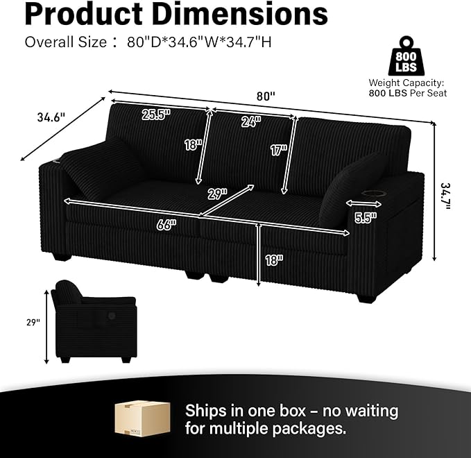 OUYESSIR 80 Loveseat Sofa for Living RoomModern Sofa with USB Charging Ports &amp Cup HoldersComfy Corduroy Couch with Upholstered Cushion3 Seater Deep Seat Couch for Small SpaceBedroom Black