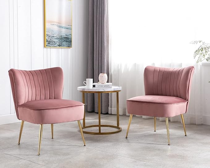 CIMOTA Velvet Accent Chairs Set of 2 Modern Armless Slipper Wingback Single Sofa Side Chair Comfy Corner Chair with Golden Legs for Living Room Bedroom Pink