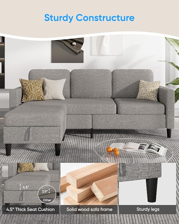 76 Inch L Shaped Sectional Sofa Modern 3 Seater Couch with Storage Ottoman Linen Convertible Sectional L Shape Couches for Living Room Apartment and Small Space