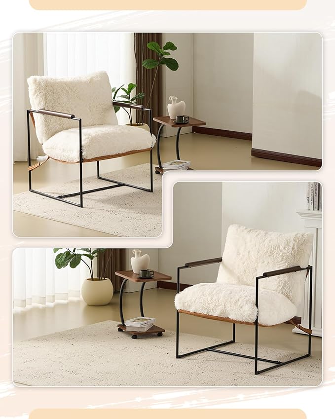 Karl home Modern Accent Chair Plush Fleece Upholstered Living Room Chair with Metal Frame Wooden Armrest Comfy Lounge Armchair for Living Room Bedroom Balcony Reading Room Creamy
