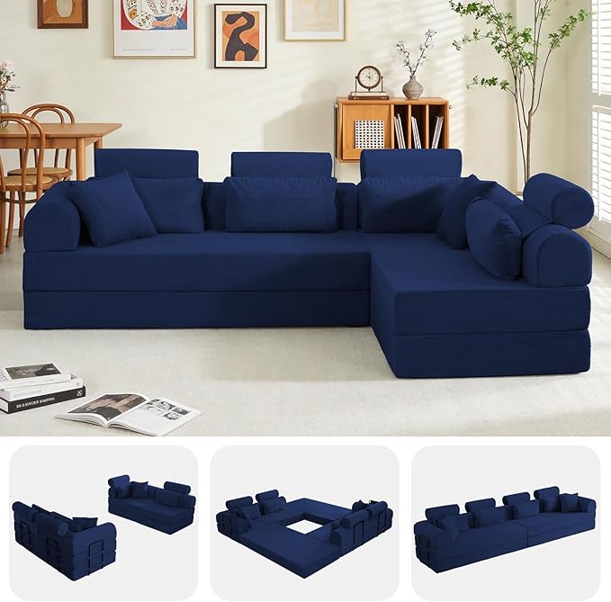 106” Cloud Sectional Couch L-Shaped Sofa with Right Facing Chaise Corduroy Boneless Couches Compressed Modular Sectional Sofa with Deep Seat High Backrest Headrest (Blue)