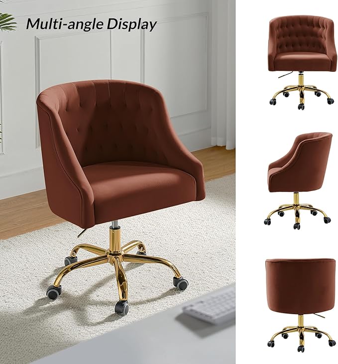 TINA'S HOME Velvet Home Office Chair with Gold Base Comfortable Modern Cute Desk Chair Adjustable Swivel Task Chair for Living Room Bedroom Vanity Study Burn-Brick