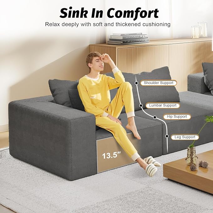132'' Oversized Cloud Couch Upholstered Modular Sectional Sofa with 6 Pillows Deep Seat Chenille Couches for Living Room Modular Sectional Sofa Free Combination No Assembly Required (Gray)